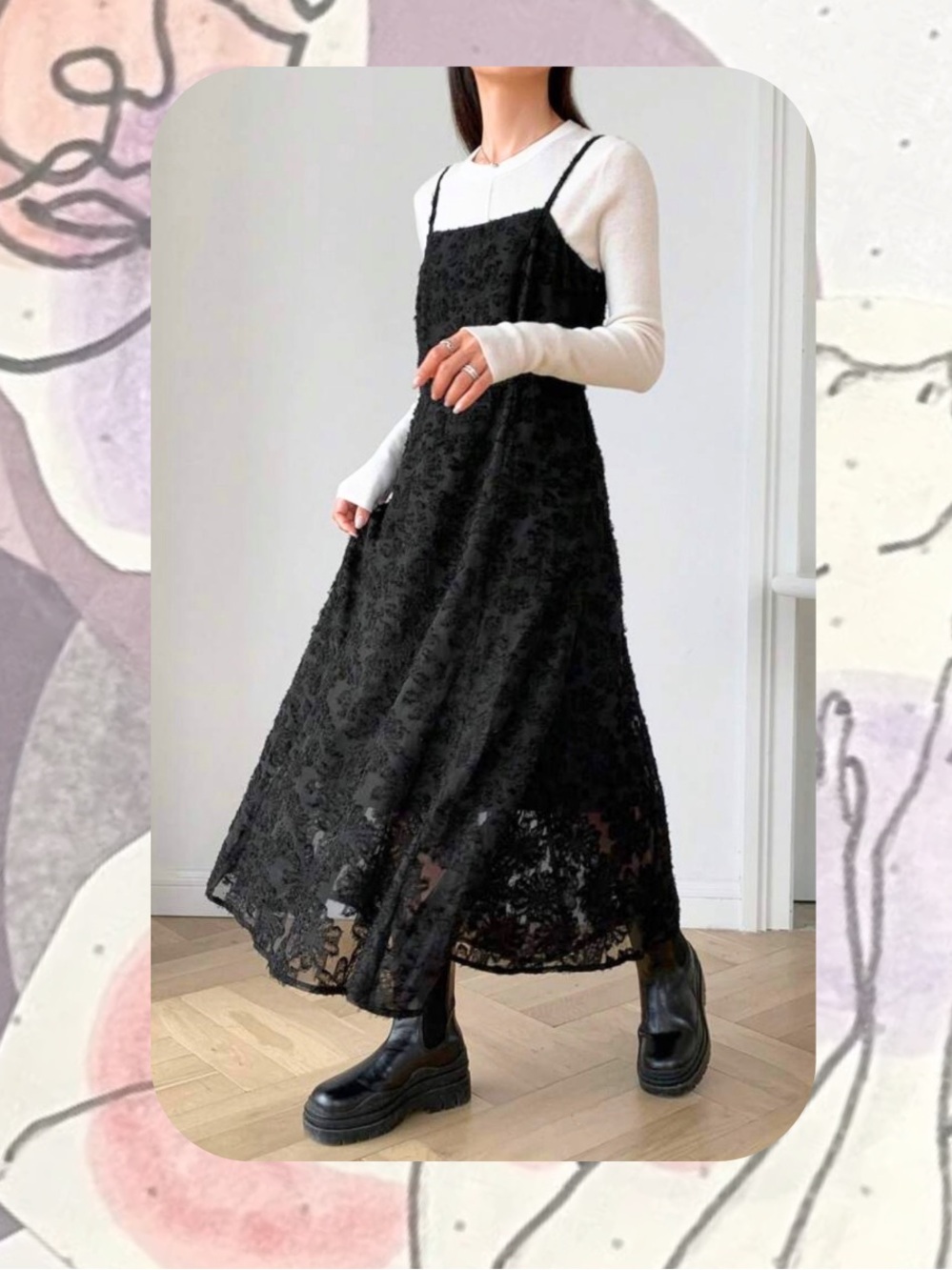 🎉FRIFUL Black Sheer Lace Slip Maxi Dress with Spaghetti Straps
